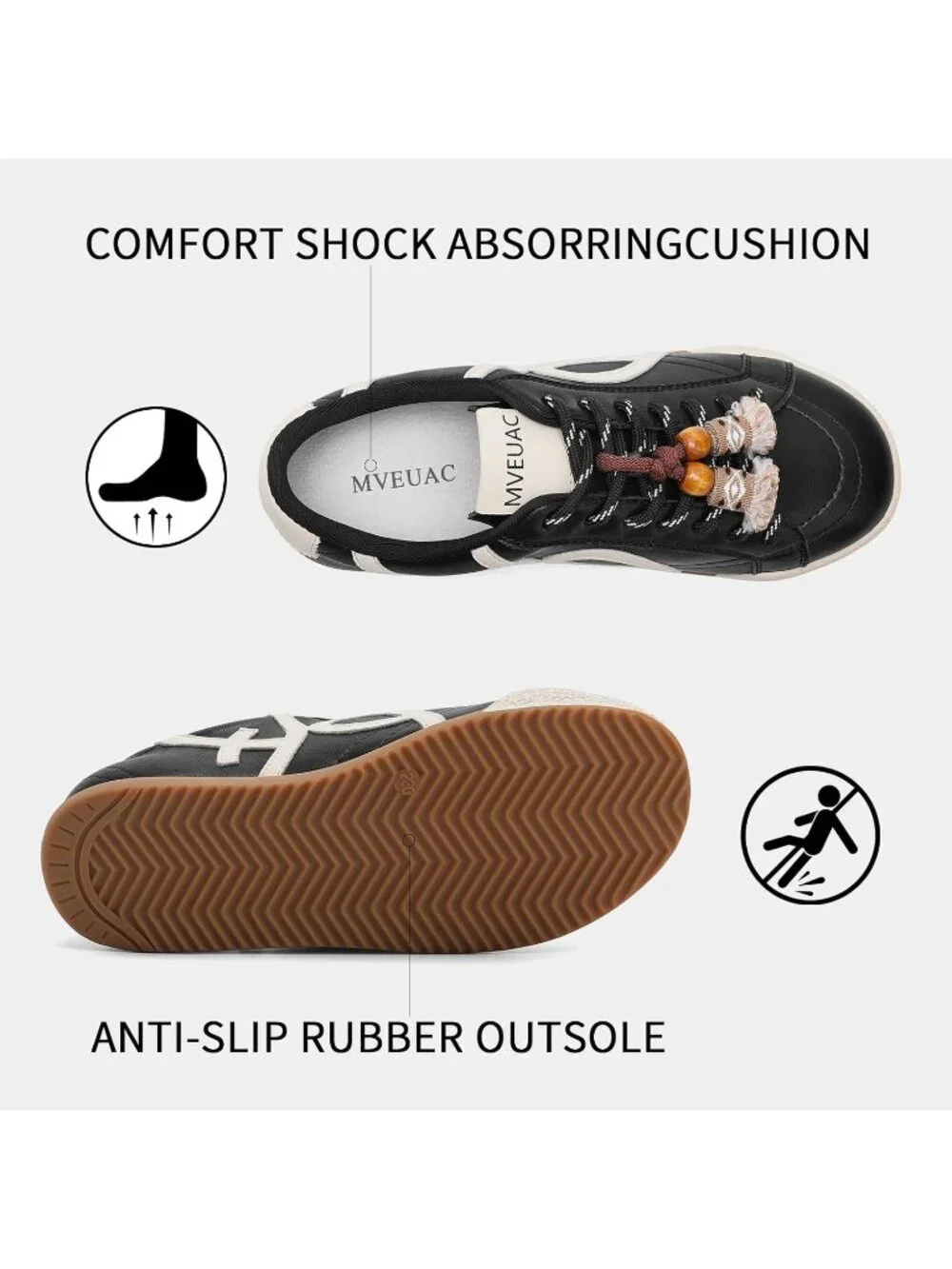 Women's Black Leather Lightweight ﻿Retro Gum Sole Walking Fashion Sneakers